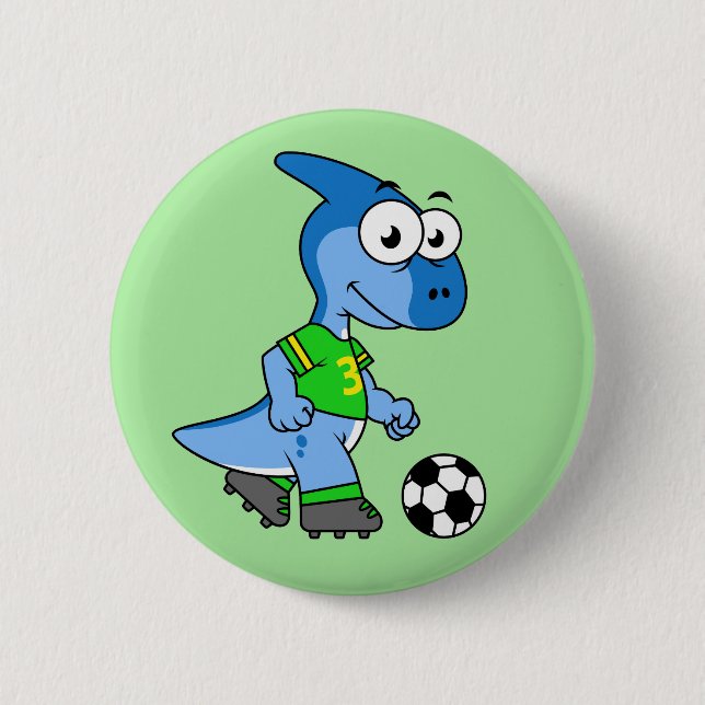Illustration Of A Parasaurolophus Playing Soccer. 6 Cm Round Badge (Front)