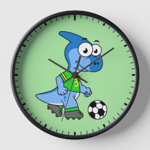 Illustration Of A Parasaurolophus Playing Soccer. Clock