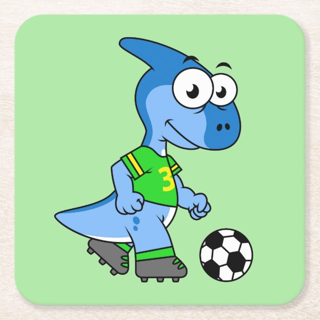 Illustration Of A Parasaurolophus Playing Soccer. Square Paper Coaster (Front)