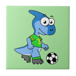 Illustration Of A Parasaurolophus Playing Soccer. Tile