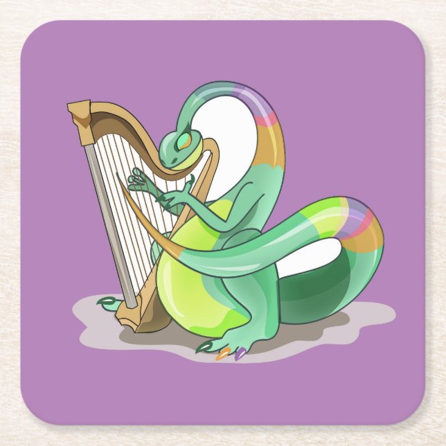 Illustration Of A Plateosaurus Playing The Harp. Square Paper Coaster (Front)