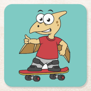 Illustration Of A Pterosaur Skateboarding. Square Paper Coaster