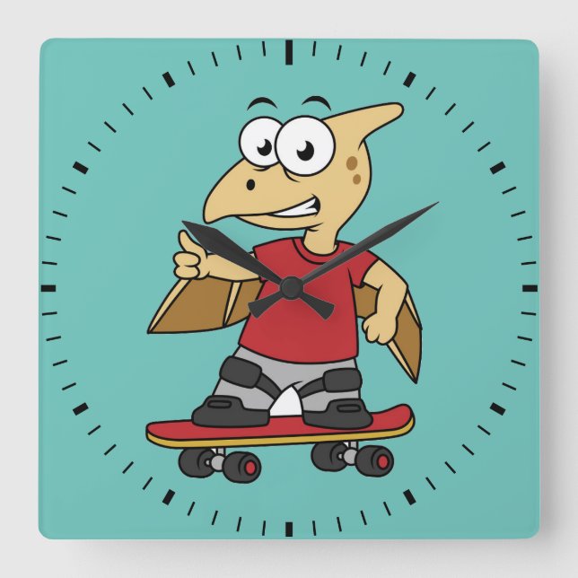 Illustration Of A Pterosaur Skateboarding. Square Wall Clock (Front)