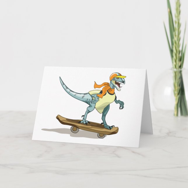 Illustration Of A Raptor Skateboarding. Card (Front)