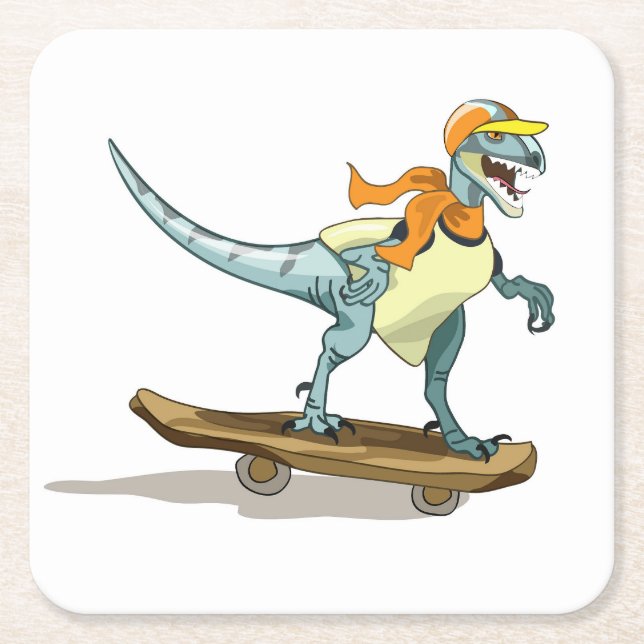 Illustration Of A Raptor Skateboarding. Square Paper Coaster (Front)