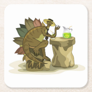 Illustration Of A Stegosaurus Drinking A Beverage. Square Paper Coaster