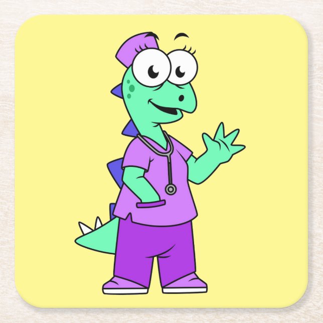 Illustration Of A Stegosaurus Nurse. Square Paper Coaster (Front)