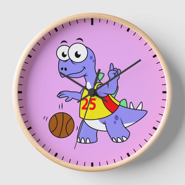 Illustration Of A Stegosaurus Playing Basketball. Clock (Front)