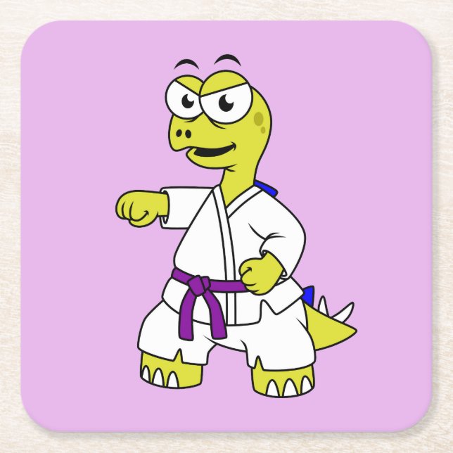 Illustration Of A Stegosaurus Practicing Karate. Square Paper Coaster (Front)