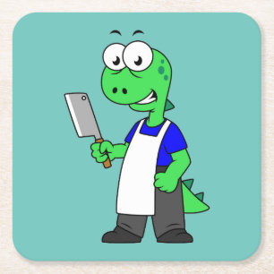 Illustration Of A Tyrannosaurus Rex Butcher. Square Paper Coaster