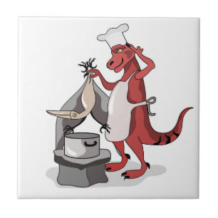 Illustration Of A Tyrannosaurus Rex Chef Cooking. Tile