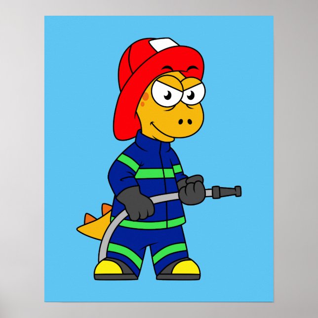 Illustration Of A Tyrannosaurus Rex Firefighter. Poster (Front)