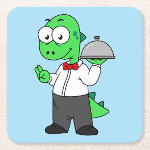 Illustration Of A Tyrannosaurus Rex Food Waiter. Square Paper Coaster