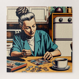 Illustration of a Woman Doing a Puzzle