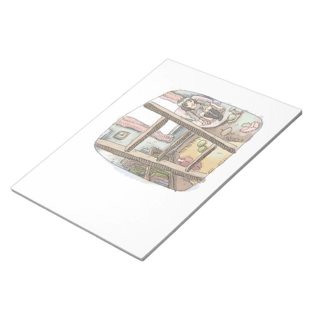 Illustration of a woman sitting in the corner by t notepad (Angled)