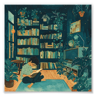 Illustration of a young man reading a book photo print
