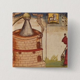Illustration of an alchemist at work 15 cm square badge