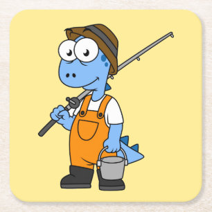 Illustration Of An Allosaurus Fisherman. Square Paper Coaster