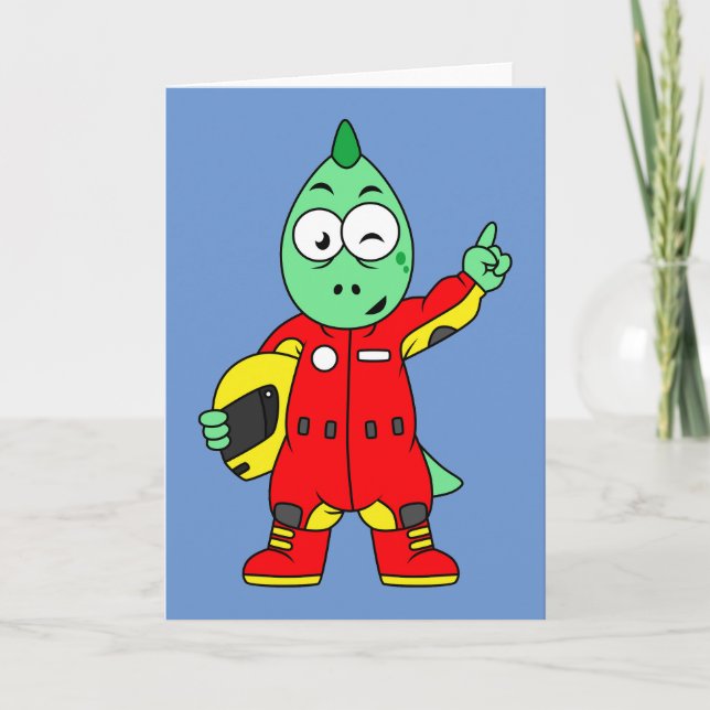 Illustration Of An Allosaurus Race Car Driver. Card (Front)