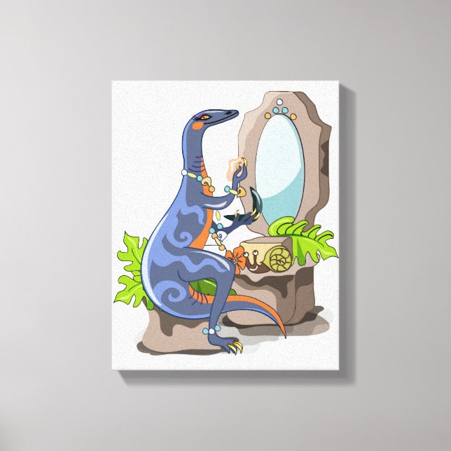 Illustration Of An Iguanodon Putting On Make-Up. Canvas Print (Front)