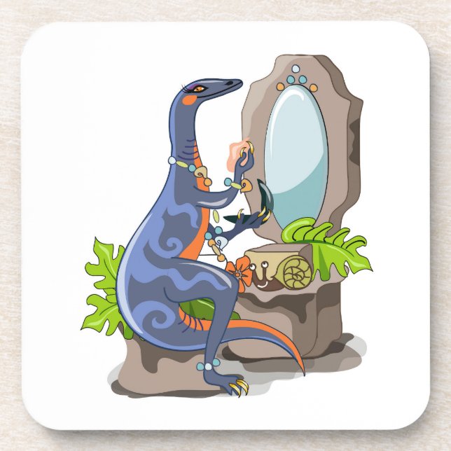 Illustration Of An Iguanodon Putting On Make-Up. Coaster (Front)