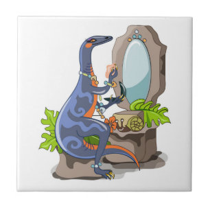 Illustration Of An Iguanodon Putting On Make-Up. Tile