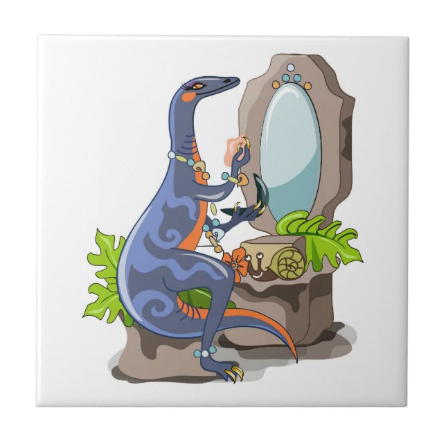 Illustration Of An Iguanodon Putting On Make-Up. Tile (Front)