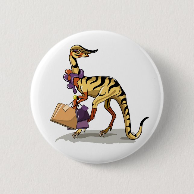 Illustration Of An Iguanodon With Shopping Bags. 6 Cm Round Badge (Front)