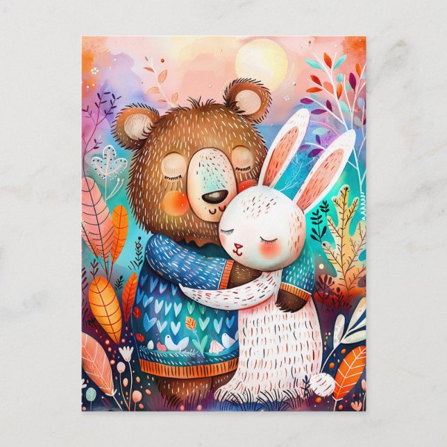 Illustration of bear hugging rabbit in forest. postcard (Front)