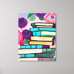 Illustration of Books and Flowers Digital Art Canvas Print