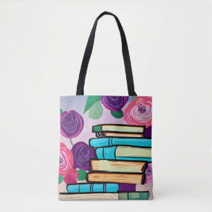 Illustration of Books and Flowers Digital Art Tote Bag