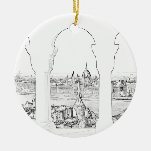 Illustration of Budapest and hungarian parliament Ceramic Tree Decoration (Front)