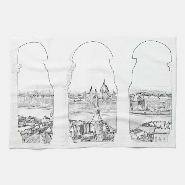 Illustration of Budapest and hungarian parliament Tea Towel (Horizontal)