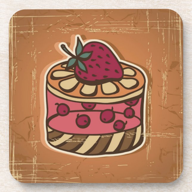 Illustration of cake in retro style coaster (Front)