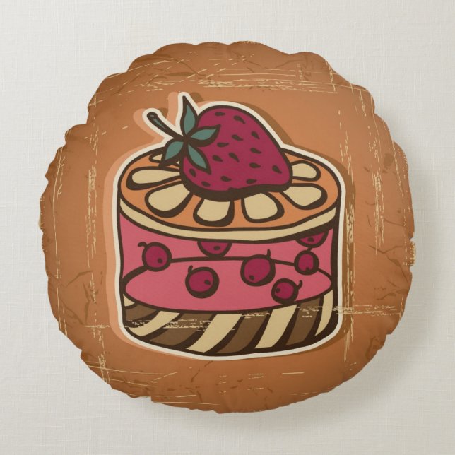 Illustration of cake in retro style round cushion (Front)