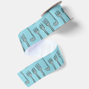 Illustration of cutlery in a croissant. satin ribbon