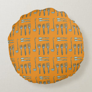 Illustration of cutlery on a shower curtain.  round cushion