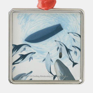 Illustration of dolphins looking up at a boat metal tree decoration