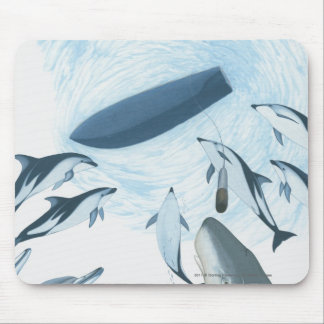 Illustration of dolphins looking up at a boat mouse pad