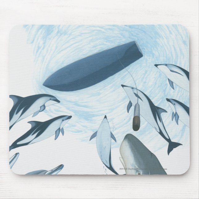 Illustration of dolphins looking up at a boat mouse pad (Front)