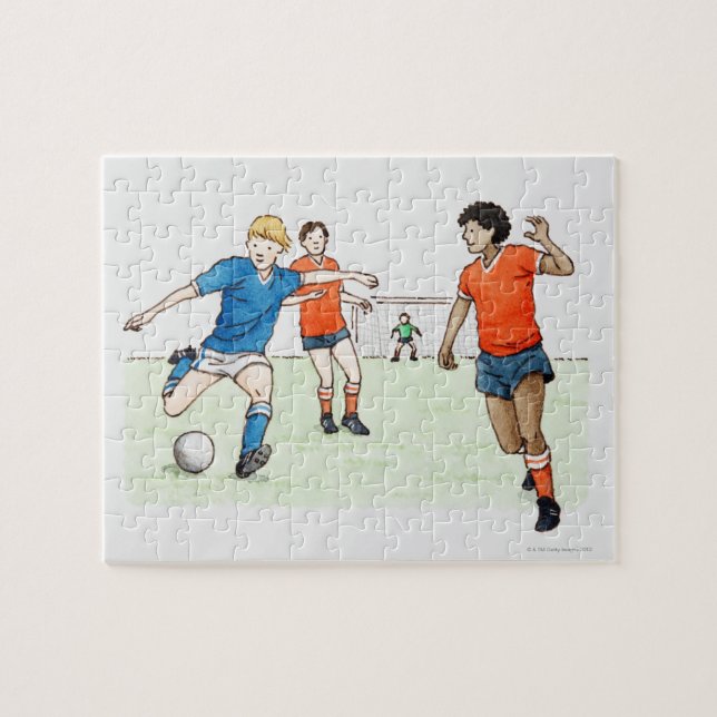 Illustration of footballers playing jigsaw puzzle (Horizontal)