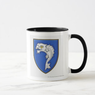 Illustration of heraldic fish symbol on shield mug