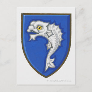 Illustration of heraldic fish symbol on shield postcard