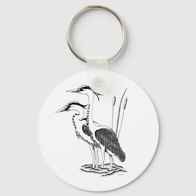Illustration of Heron on button keyring (Front)