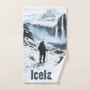Illustration of Icelandic Landscape and a Hiker Hand Towel