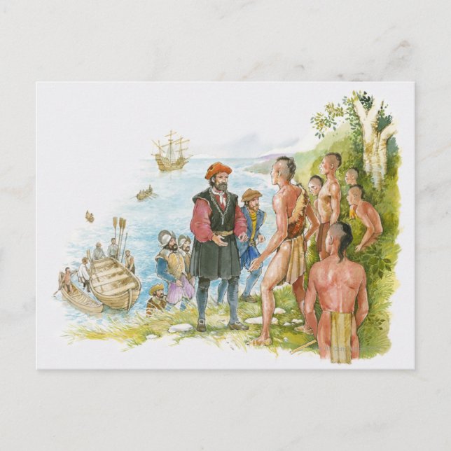 Illustration of Jacques Cartier conversing with Postcard (Front)