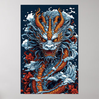 Illustration of Japanese dragons Poster
