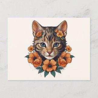  illustration of kitten head fantasy flower postcard