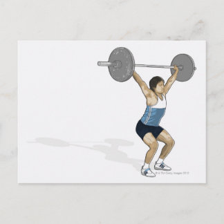 Illustration of man performing weightlifting postcard