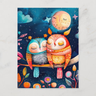 Illustration of owls hugging in forest at night postcard